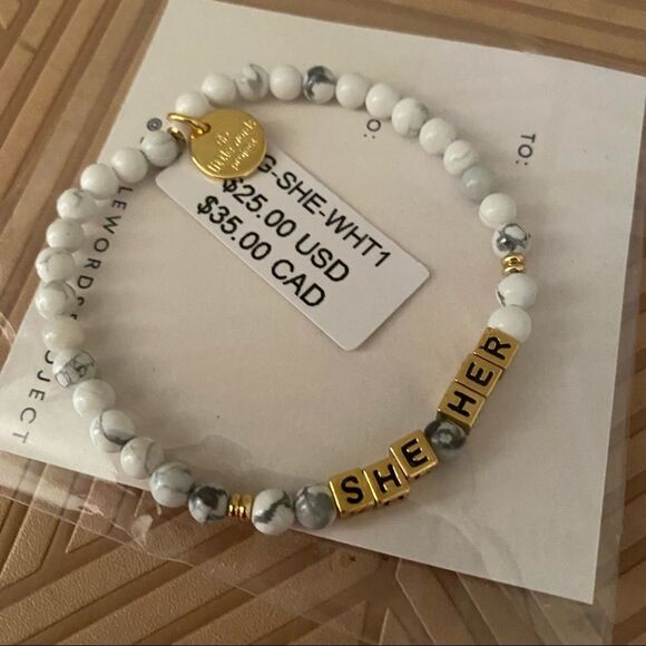 Little Words Project Bracelet She Her Stretch Beaded Gold Marble Neutral Casual - Picture 5 of 5